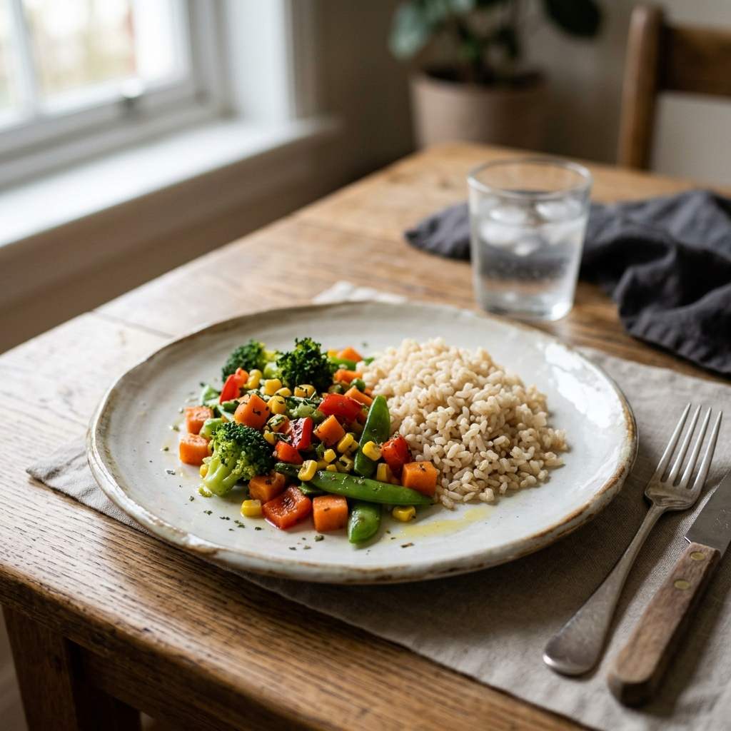 Small appetising portion of cooked vegetables and rice on a plate