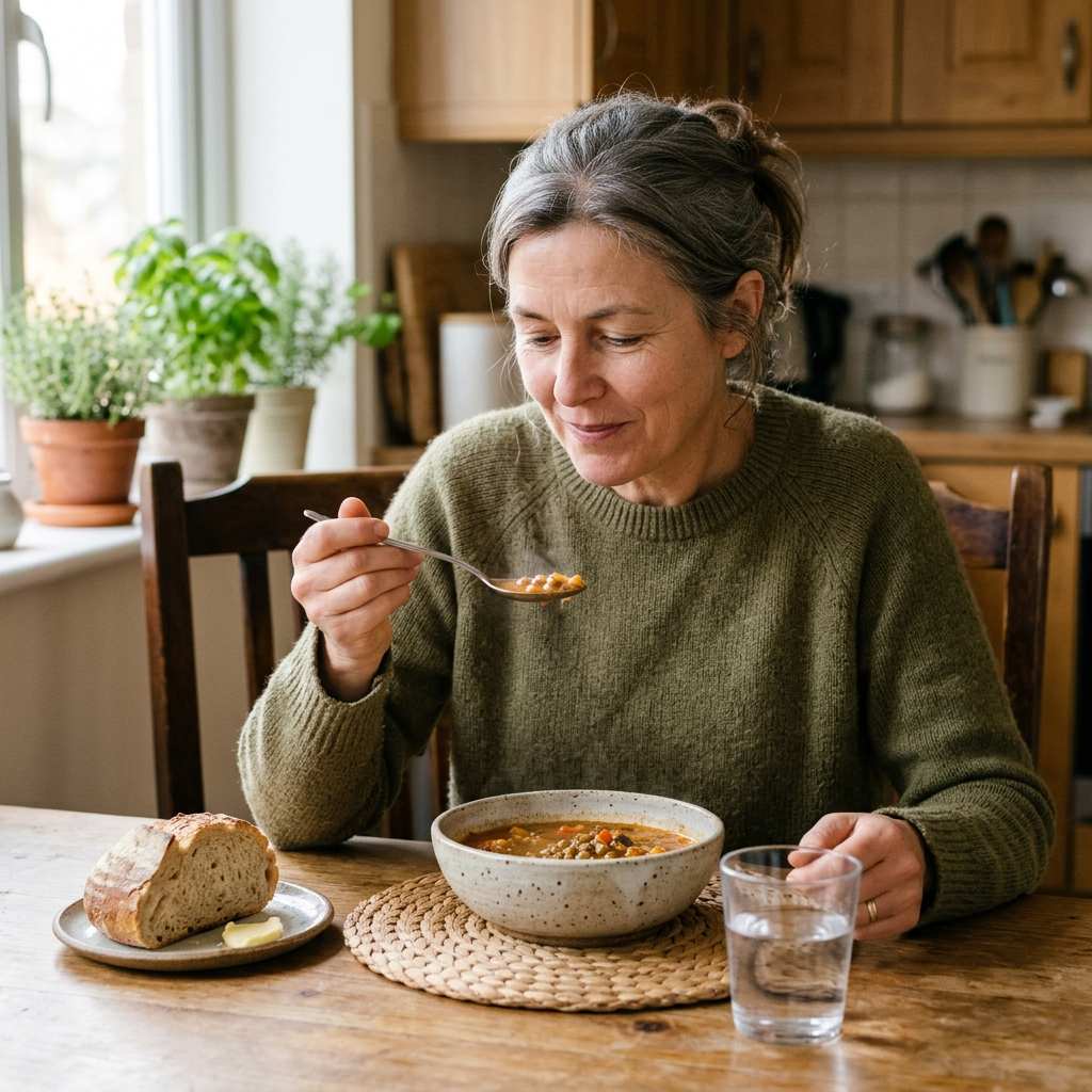 Person eating slowly at a kitchen table with soup and water