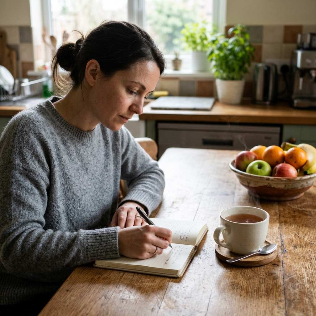 Person writing notes in a notebook beside tea at a table