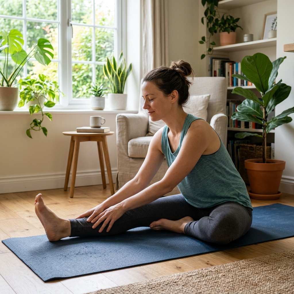 Adult doing gentle stretching on a yoga mat at home