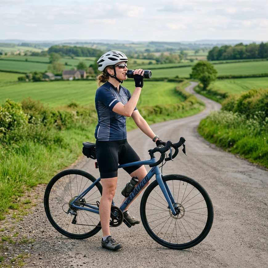 Cyclist pausing on a quiet country road while drinking water