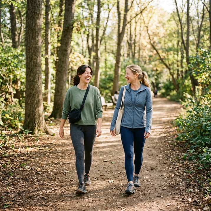 Two friends walking and talking on a sunny park trail