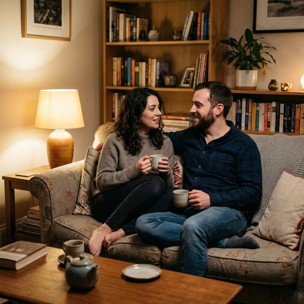 Couple sitting close on a sofa talking quietly over tea