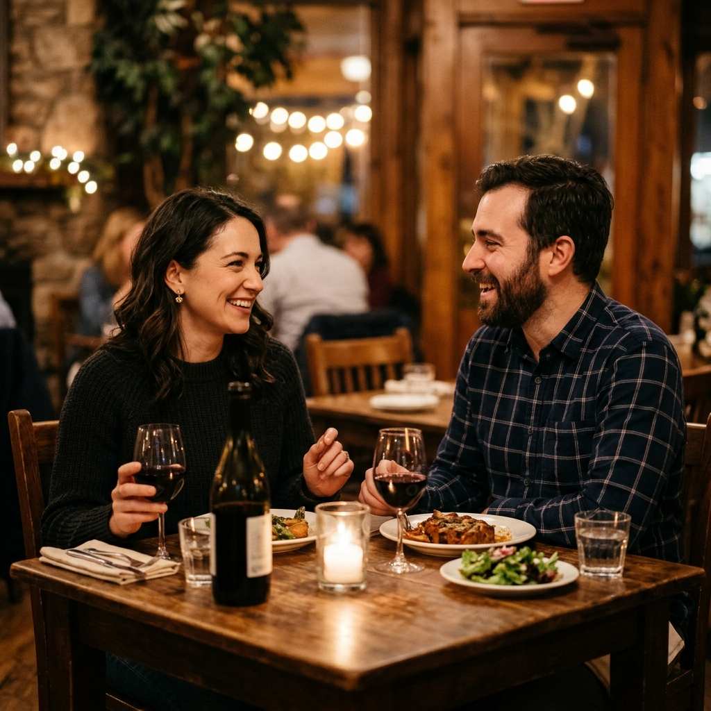 Couple enjoying dinner together at a cosy restaurant table