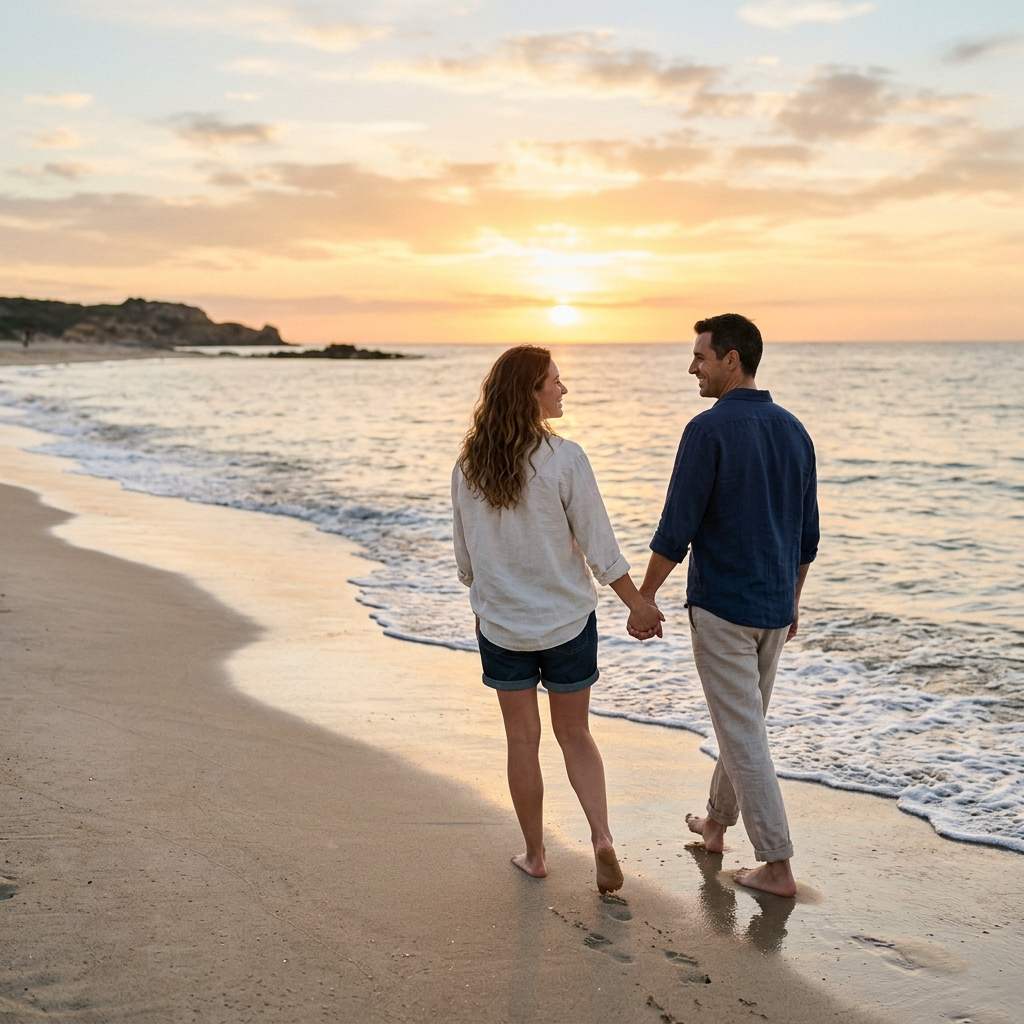 Couple walking hand in hand along a beach at sunset