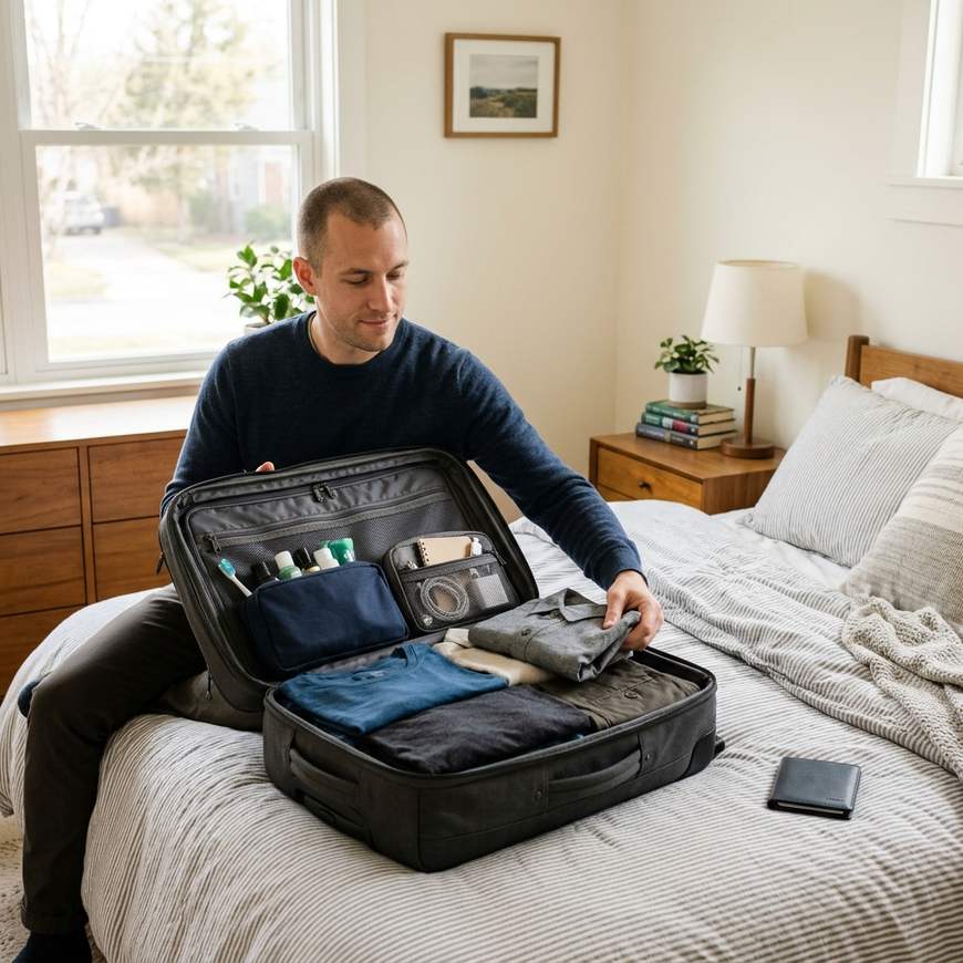 Traveller packing a tidy carry-on bag with clothes and a toiletry pouch