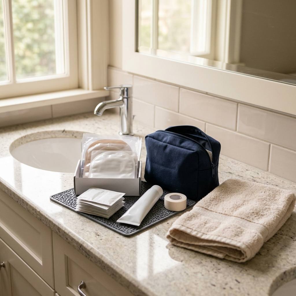 Neatly arranged ostomy supplies on a tidy bathroom counter in daylight