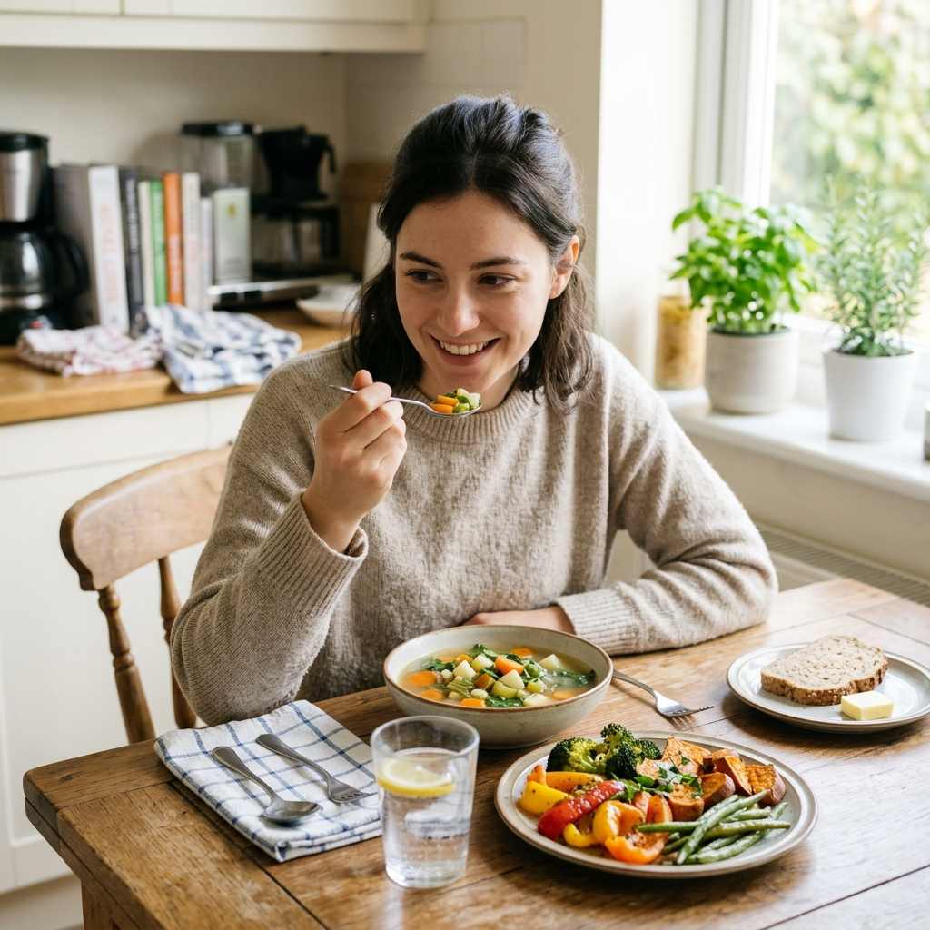 Person enjoying a calm home-cooked meal at a bright kitchen table