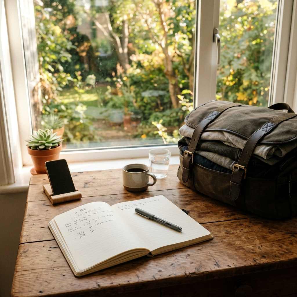 Notebook, pen and packed travel bag on a desk near a sunny window