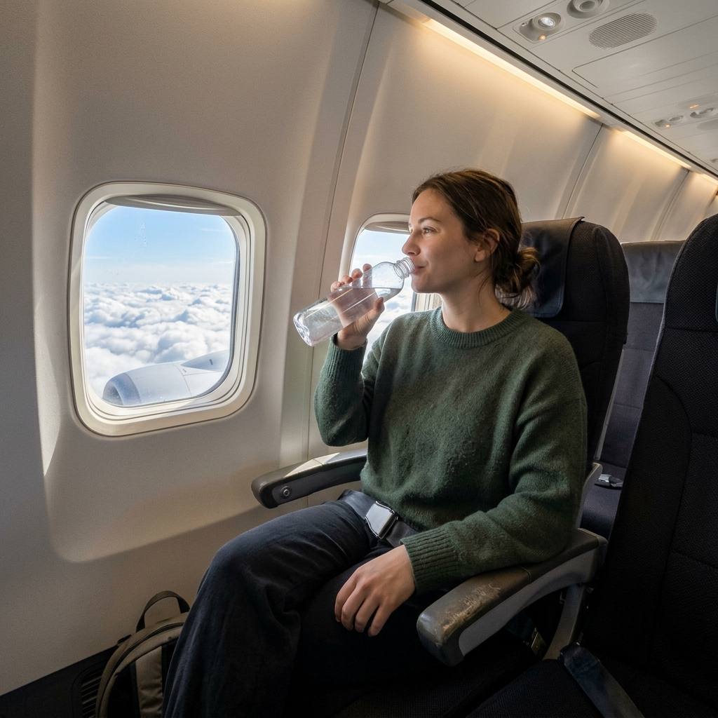 Traveller relaxing by an aeroplane window while sipping water