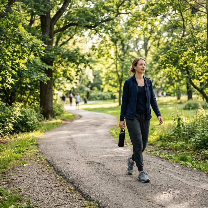 Person walking comfortably along a sunny park path