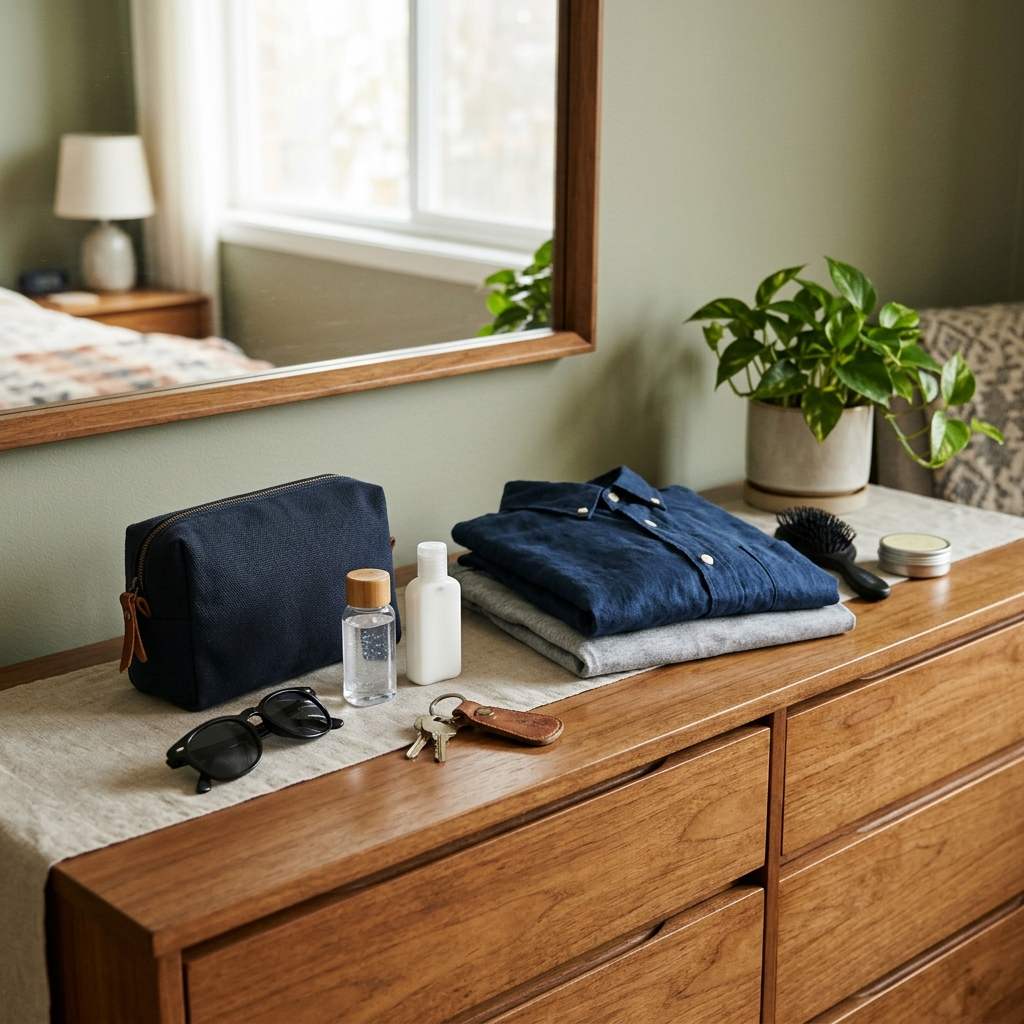 Neatly packed travel pouch and spare clothes on a bedroom dresser
