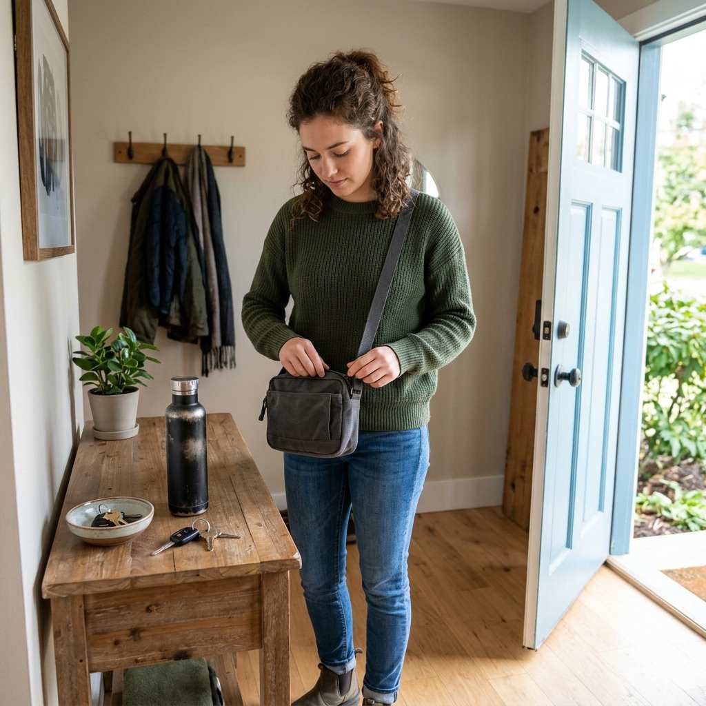 Person checking a small bag before leaving home by a bright door