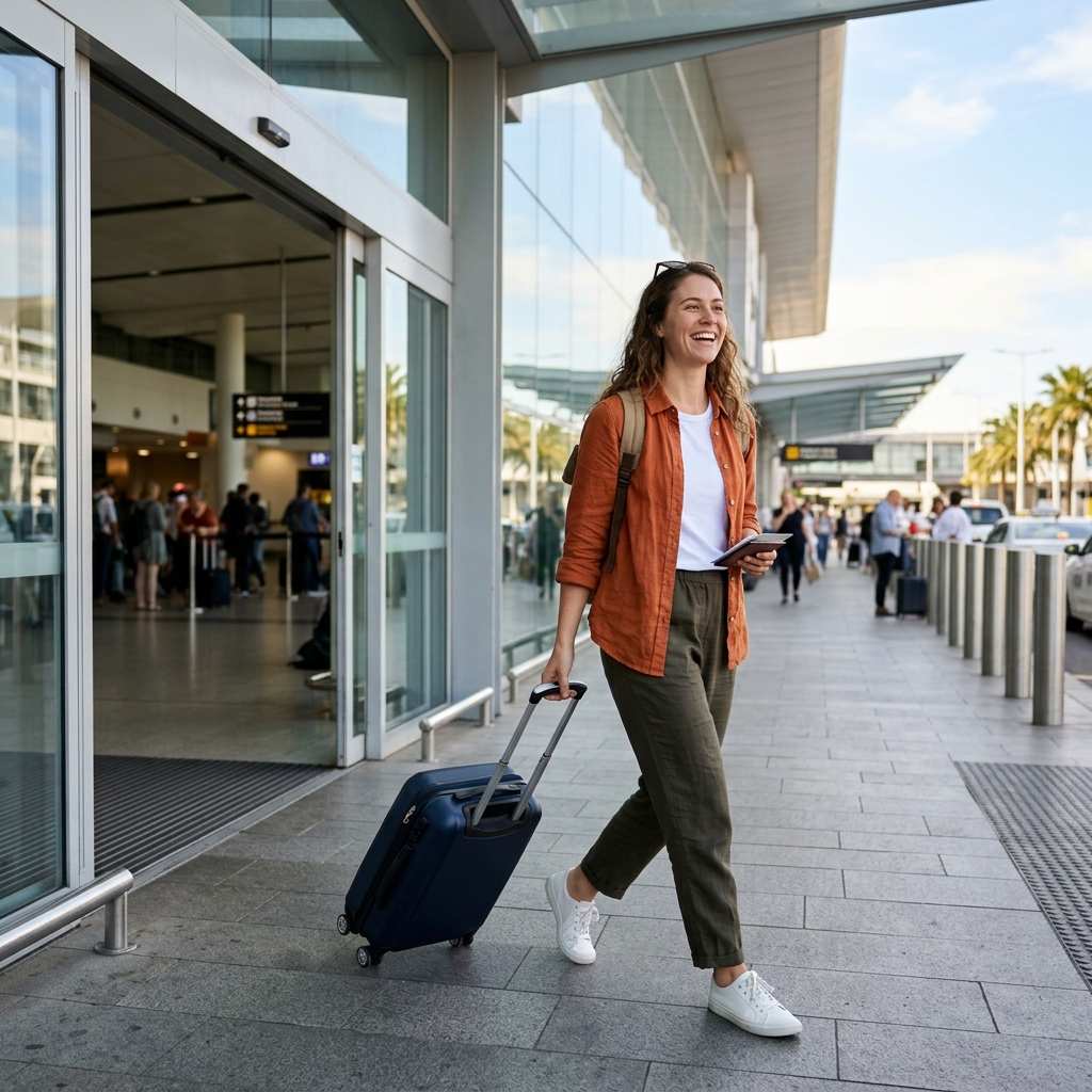 Happy traveller leaving an airport arrivals hall with a suitcase