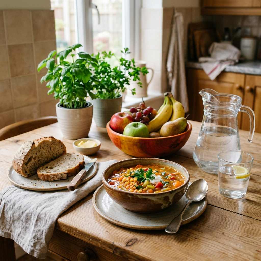 Colourful kitchen scene with soup, fruit and a jug of water