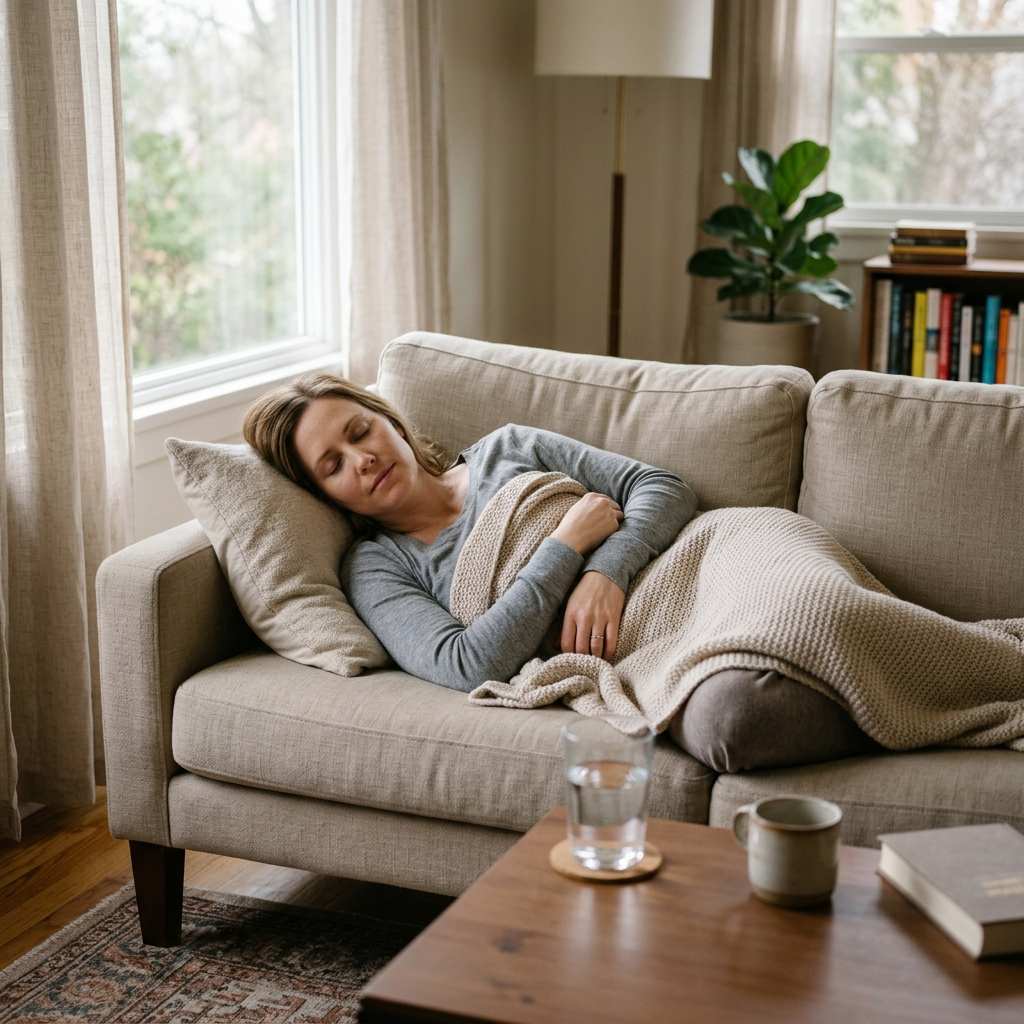 Person resting calmly on a sofa with a glass of water
