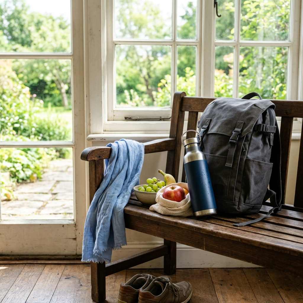 Water bottle, fruit and backpack ready for a day out by a window