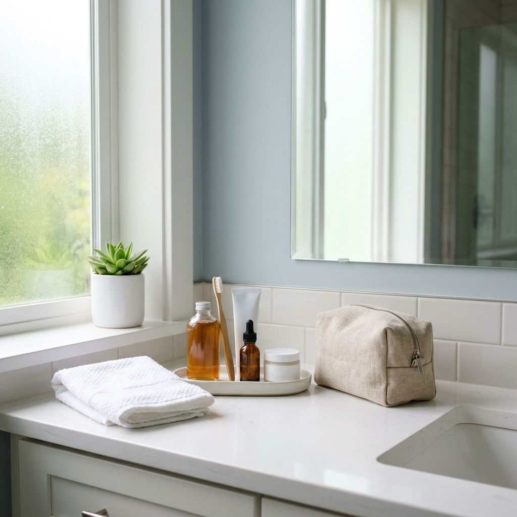 Cool bright bathroom with folded towel and toiletries on a counter