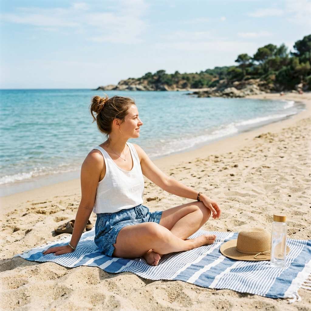 Person in breathable summer clothing relaxing near calm water