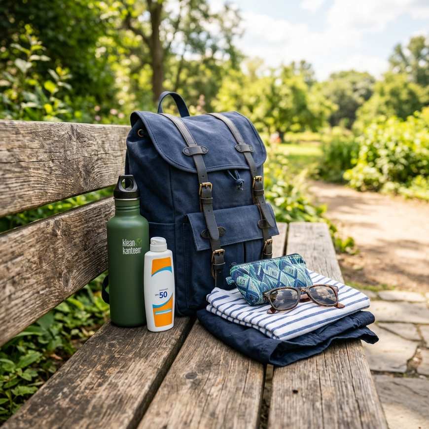 Neatly packed summer day bag with water bottle and spare clothes