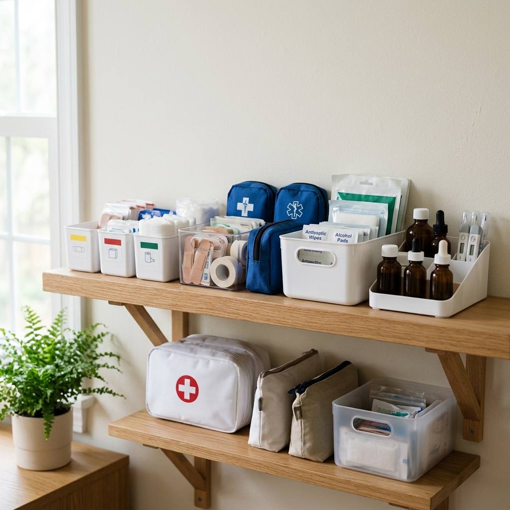 Neatly organised supply boxes and pouches on a clean shelf