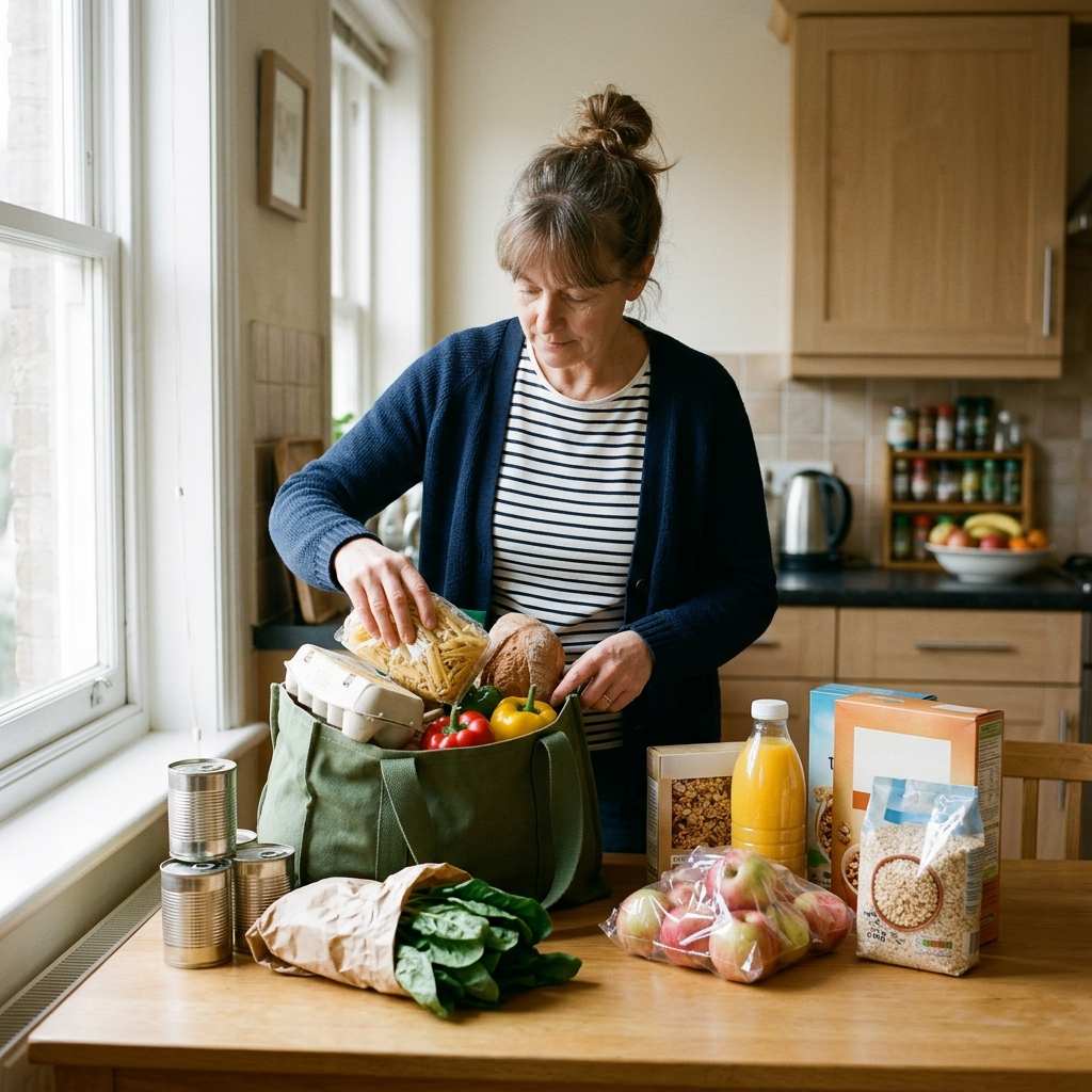 Person placing supplies into a reusable bag at a kitchen table