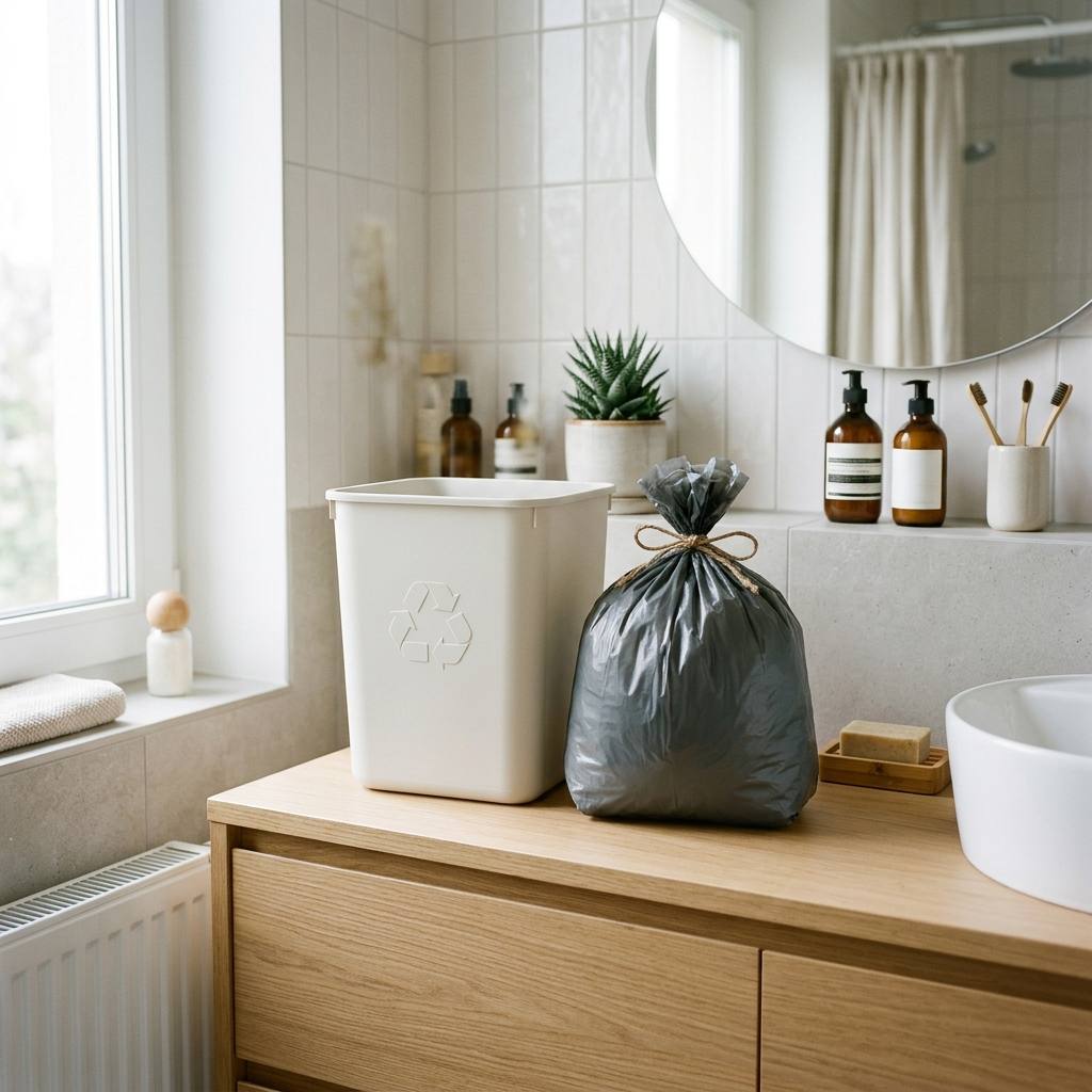 Clean recycling bin and sealed disposal bag in a bright bathroom