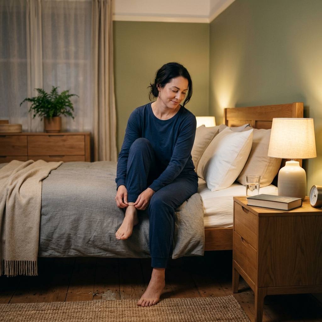 Adult in soft pyjamas sitting on a bed preparing for sleep