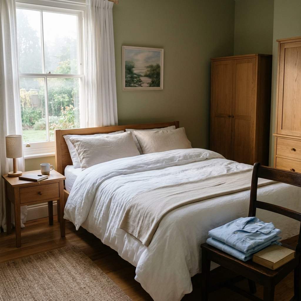 Tidy bedroom in soft morning light with a freshly made bed