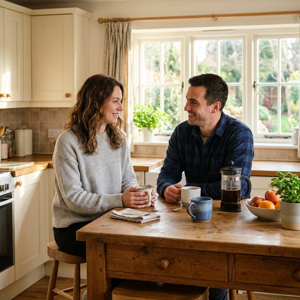 Couple sharing quiet morning coffee in a bright kitchen